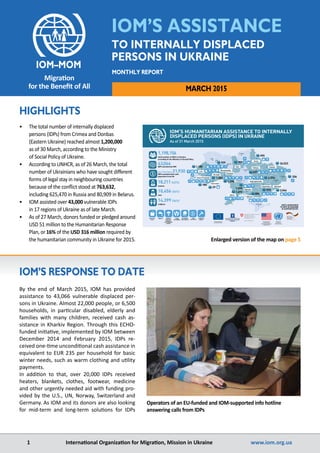 1	 	 International Organization for Migration, Mission in Ukraine	 	       www.iom.org.ua
Monthly report
Migration
for the Benefit of All
IOM’S ASSISTANCE
TO INTERNALLY DISPLACED
PERSONS IN UKRAINE
IOM–mom
•	 The total number of internally displaced 	
persons (IDPs) from Crimea and Donbas 	
(Eastern Ukraine) reached almost 1,200,000 	
as of 30 March, according to the Ministry 	
of Social Policy of Ukraine.
•	 According to UNHCR, as of 26 March, the total
number of Ukrainians who have sought different
forms of legal stay in neighbouring countries
because of the conflict stood at 763,632,
including 625,470 in Russia and 80,909 in Belarus.
•	 IOM assisted over 43,000 vulnerable IDPs 	
in 17 regions of Ukraine as of late March.
•	 As of 27 March, donors funded or pledged around
USD 51 million to the Humanitarian Response
Plan, or 16% of the USD 316 million required by
the humanitarian community in Ukraine for 2015.
Highlights
IOM’s response to date
march 2015
Operators of an EU-funded and IOM-supported info hotline
answering calls from IDPs
Enlarged version of the map on page 5
By the end of March 2015, IOM has provided
assistance to 43,066 vulnerable displaced per-
sons in Ukraine. Almost 22,000 people, or 6,500
households, in particular disabled, elderly and
families with many children, received cash as-
sistance in Kharkiv Region. Through this ECHO-
funded initiative, implemented by IOM between
December 2014 and February 2015, IDPs re-
ceived one-time unconditional cash assistance in
equivalent to EUR 235 per household for basic
winter needs, such as warm clothing and utility
payments.
In addition to that, over 20,000 IDPs received
heaters, blankets, clothes, footwear, medicine
and other urgently needed aid with funding pro-
vided by the U.S., UN, Norway, Switzerland and
Germany. As IOM and its donors are also looking
for mid-term and long-term solutions for IDPs
 