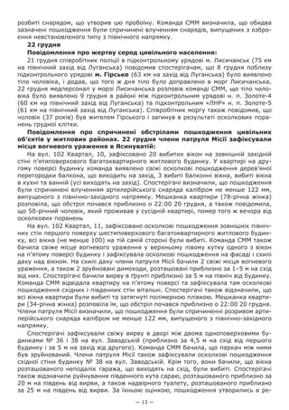 — 13 —
розбиті снарядом, що утворив цю пробоїну. Команда СММ визначила, що обидва
зазначені пошкодження були спричинені влученням снарядів, випущених з озбро-
єння невстановленого типу з північного напрямку.
22 грудня
Повідомлення про жертву серед цивільного населення:
21 грудня співробітник поліції в підконтрольному урядові м. Лисичанськ (75 км
на північний захід від Луганська) повідомив спостерігачам, що 8 грудня поблизу
підконтрольного урядові м. Гірське (63 км на захід від Луганська) було виявлено
тіло чоловіка, і додав, що того ж дня тіло було доправлено в морг Лисичанська.
22 грудня медперсонал у морзі Лисичанська розповів команді СММ, що тіло чоло-
віка було виявлено 9 грудня в районі між підконтрольним урядові н. п. Золоте-4
(60 км на північний захід від Луганська) та підконтрольним «ЛНР» н. п. Золоте-5
(61 км на північний захід від Луганська). Співробітник моргу також повідомив, що
чоловік (37 років) був жителем Гірського і загинув в результаті осколкових пора-
нень грудної клітки.
Повідомлення про спричинені обстрілами  пошкодження цивільних
об’єктів у житлових районах. 22 грудня члени патруля Місії зафіксували
місця вогневого ураження в Ясинуватій:
На вул. 102 Квартал, 10, зафіксовано 20 вибитих вікон на зовнішній західній
стіні п’ятиповерхового багатоквартирного житлового будинку. У квартирі на дру-
гому поверсі будинку команда виявлено свіжі осколкові пошкодження дерев’яної
перегородки балкона, що виходить на захід, 3 вибиті балконні вікна, вибиті вікна
в кухні та ванній (усі виходять на захід). Спостерігачі визначили, що пошкодження
були спричинені влученням артилерійського снаряда калібром не менше 122 мм,
випущеного з північно-західного напрямку. Мешканка квартири (78-річна жінка)
розповіла, що обстріл почався приблизно о 22:00 20 грудня, а також повідомила,
що 50-річний чоловік, який проживав у сусідній квартирі, помер того ж вечора від
осколкових поранень
На вул. 102 Квартал, 11, зафіксовано осколкові пошкодження зовнішніх північ-
них стін першого поверху шестиповерхового багатоквартирного житлового будин-
ку, всі вікна (не менше 100) на тій самій стороні були вибиті. Команда СММ також
бачила свіже місце вогневого ураження у верхньому лівому кутку одного з вікон
на п’ятому поверсі будинку і зафіксувала осколкові пошкодження на фасаді і схилі
даху над вікном. На схилі даху члени патруля Місії бачили 2 свіжі місця вогневого
ураження, а також 2 зруйновані димоходи, розташовані приблизно за 1–5 м на схід
від них. Спостерігачі бачили вирву в ґрунті приблизно за 5 м на північ від будинку.
Команда СММ відвідала квартиру на п’ятому поверсі та зафіксувала там осколкові
пошкодження східних і південних стін вітальні. Спостерігачі також відзначили, що
всі вікна квартири були вибиті та затягнуті полімерною плівкою. Мешканка кварти-
ри (34-річна жінка) розповіла їм, що обстріл почався приблизно о 22:00 20 грудня.
Члени патруля Місії визначили, що пошкодження були спричиненні розривом арти-
лерійського снаряда калібром не менше 122 мм, випущеного з північно-західного
напрямку.
Спостерігачі зафіксували свіжу вирву в дворі між двома одноповерховими бу-
динками № 36 і 38 на вул. Заводській (приблизно за 4,5 м на схід від першого
будинку і за 5 м на захід від другого). Команда СММ бачила, що паркан між ними
був зруйнований. Члени патруля Місії також зафіксували осколкові пошкодження
східної стіни будинку № 38 на вул. Заводській. Крім того, вони бачили, що вікна
розташованого неподалік гаража, що виходять на схід, були вибиті. Спостерігачі
також відзначили руйнування південного кута сараю, розташованого приблизно за
20 м на південь від вирви, а також надвірного туалету, розташованого приблизно
за 25 м на південь від вирви. За їхньою оцінкою, пошкодження утворились в ре-
 