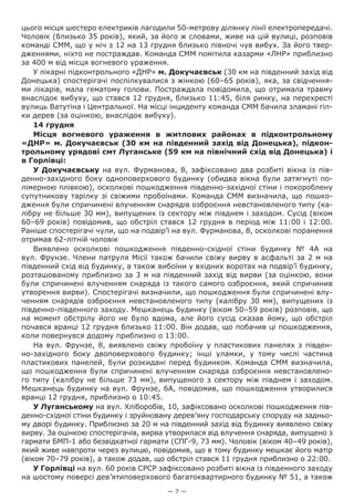 — 7 —
цього місця шестеро електриків лагодили 50-метрову ділянку лінії електропередачі.
Чоловік (близько 35 років), який, за його ж словами, живе на цій вулиці, розповів
команді СММ, що у ніч з 12 на 13 грудня близько півночі чув вибух. За його твер-
дженнями, ніхто не постраждав. Команда СММ помітила казарми «ЛНР» приблизно
за 400 м від місця вогневого ураження.
У лікарні підконтрольного «ДНР» м. Докучаєвськ (30 км на південний захід від
Донецька) спостерігачі поспілкувалися з жінкою (60–65 років), яка, за свідчення-
ми лікарів, мала гематому голови. Постраждала повідомила, що отримала травму
внаслідок вибуху, що стався 12 грудня, близько 11:45, біля ринку, на перехресті
вулиць Ватутіна і Центральної. На місці інциденту команда СММ бачила зламані гіл-
ки дерев (за оцінкою, внаслідок вибуху).
14 грудня
Місця вогневого ураження в житлових районах  в підконтрольному
«ДНР» м. Докучаєвськ (30 км на південний захід від Донецька), підкон-
трольному урядові смт Луганське (59 км на північний схід від Донецька) і
в Горлівці:
У Докучаєвську на вул. Фурманова, 8, зафіксовано два розбиті вікна із пів-
денно-західного боку одноповерхового будинку (обидва вікна були затягнуті по-
лімерною плівкою), осколкові пошкодження південно-західної стіни і покороблену
супутникову тарілку зі свіжими пробоїнами. Команда СММ визначила, що пошко-
дження були спричинені влученням снарядів озброєння невстановленого типу (ка-
лібру не більше 30 мм), випущених із сектору між півднем і заходом. Сусід (віком
60–69 років) повідомив, що обстріл стався 12 грудня в період між 11:00 і 12:00.
Раніше спостерігачі чули, що на подвір’ї на вул. Фурманова, 8, осколкові поранення
отримав 62-літній чоловік
Виявлено осколкові пошкодження південно-східної стіни будинку №  4А на
вул. Фрунзе. Члени патруля Місії також бачили свіжу вирву в асфальті за 2 м на
південний схід від будинку, а також вибоїни у вхідних воротах на подвір’ї будинку,
розташованому приблизно за 3 м на південний захід від вирви (за оцінкою, вони
були спричинені влученням снаряда із такого самого озброєння, який спричинив
утворення вирви). Спостерігачі визначили, що пошкодження були спричинені влу-
ченням снарядів озброєння невстановленого типу (калібру 30 мм), випущених із
південно-південного заходу. Мешканець будинку (віком 50–59 років) розповів, що
на момент обстрілу його не було вдома, але його сусід сказав йому, що обстріл
почався вранці 12 грудня близько 11:00. Він додав, що побачив ці пошкодження,
коли повернувся додому приблизно о 13:00.
На вул. Фрунзе, 8, виявлено свіжу пробоїну у пластикових панелях з півден-
но-західного боку двоповерхового будинку; інші уламки, у тому числі частина
пластикових панелей, були розкидані перед будинком. Команда СММ визначила,
що пошкодження були спричинені влученням снаряда озброєння невстановлено-
го типу (калібру не більше 73 мм), випущеного з сектору між півднем і заходом.
Мешканець будинку на вул. Фрунзе, 6А, повідомив, що пошкодження утворилися
вранці 12 грудня, приблизно о 10:45.
У Луганському на вул. Хліборобів, 10, зафіксовано осколкові пошкодження пів-
денно-східної стіни будинку і зруйновану дерев’яну господарську споруду на задньо-
му дворі будинку. Приблизно за 20 м на південний захід від будинку виявлено свіжу
вирву. За оцінкою спостерігачів, вирва утворилася від влучення снаряда, випущено з
гармати БМП-1 або безвідкатної гармати (СПГ-9, 73 мм). Чоловік (віком 40–49 років),
який живе навпроти через вулицю, повідомив, що в тому будинку мешкає його матір
(віком 70–79 років), а також додав, що обстріл стався 11 грудня приблизно о 22:00.
У Горлівці на вул. 60 років СРСР зафіксовано розбиті вікна із південного заходу
на шостому поверсі дев’ятиповерхового багатоквартирного будинку № 51, а також
 