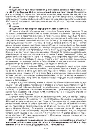 — 9 —
18 грудня
Повідомлення про пошкодження у житлових районах підконтрольно-
го «ДНР» с. Саханка (24 км на північний схід від Маріуполя). На дорозі за
6 м від будинку № 20 на вул. Жовтневій виявлено свіжу вирву. На західній стіні
будинку були незначні подряпини від осколків і розбиті західні вікна. Спостерігачі
побачили другу вирву приблизно за 50 м далі на захід від першої. Жителька (віком
50–59 років) повідомила, що ділянка потрапила під обстріл 17 грудня у період між
10:30 і 11:00.
19 грудня
Повідомлення про жертви серед цивільного населення.
19 грудня у лікарні у Світлодарську спостерігачі бачили жінку (віком від 60 до
70 років) з бинтовими пов’язками на голові, синцями на обличчі і ще одну жінку
(такого ж віку) з перев’язаною рукою, а також чоловіка (віком від 60 до 70 років)
з перев’язаною лівою ногою, що була у піднятому положенні і зафіксована апара-
том для витягування. Медичний персонал цієї лікарні у Світлодарську повідомив, що
18 грудня до них доставили 1 чоловіка і 6 жінок, а також 1 дитину. Усі вони — жителі
підконтрольного урядові с-ща Новолуганське (53 км на північний схід від Донецька).
Також медичні працівники додали, що ввечері 18 грудня до лікарні у підконтрольно-
му урядові м. Бахмут (кол. Артемівськ, 67 км на північ від Донецька) було переведено
3 жінки, а ще одну жінку перевели до лікарні у Харкові. За словами медпрацівників,
в їхній лікарні у Світлодарську проходять лікування 2 жінки (віком 60–70 років), які
дістали осколкові поранення (одна — в голову, а інша отримала поранення кисті), а
також на лікуванні перебуває 1 чоловік (такого ж віку, що й жінки) з осколковими
пораненнями і переломами лівої ноги. Співробітники лікарні також додали, що до них
доправили 6-річну дитину у стані шоку, а 19 грудня її виписали.
У лікарні в Бахмуті команда СММ уточнювала інформацію щодо жертв серед
цивільного населення з Новолуганського. Спостерігачі бачили 3 жінок (усі віком
від 60 до 70 років): в однієї були осколкові поранення голови, інша мала осколкові
поранення плеча і грудної клітки, а третя була з осколковими пораненнями правої
лопатки. Медперсонал лікарні в Бахмуті повідомив, що усі 3 жінки були жителька-
ми Новолуганського і потрапили до лікарні ввечері 18 грудня після переведення з
лікарні у Світлодарську.
У лікарні в підконтрольному «ДНР» м. Горлівка (39 км на північний схід від До-
нецька) Місія уточнювала повідомлення стосовно 2 жителів підконтрольного «ДНР»
смт Гольмівський (49 км на північний схід від Донецька), яким надавалась допомога
у зв’язку з отриманими осколковими пораненнями. Проте медпрацівники лікарні
відмовились надавати інформацію СММ, посилаючись на необхідність отримання
дозволу від «мера» Горлівки*.
19 грудня медпрацівники лікарні в Кадіївці повідомили СММ, що ввечері 18 груд-
ня до них доправили 3 чоловіків, усі — жителі Кадіївки. За словами медперсоналу,
53-річний чоловік, який мешкає у кв. 7 на вул. Стаханова, 6а, дістав осколкові по-
ранення лівого коліна 18 грудня приблизно о 21:00, коли був на подвір’ї свого бу-
динку. Медперсонал також повідомив, що 27-річний чоловік, який мешкає у кв. 42
на вул. 60-річчя Жовтня, 17а, отримав осколкові поранення голови 18 грудня при-
близно о 21:00 біля свого будинку. Медпрацівники повідомили СММ, що 68-річний
чоловік, який мешкає у кв. 1 на вул. 60-річчя Жовтня,19, дістав осколкові пора-
нення лівої кисті 18 грудня орієнтовно о 21:00, а також перелом плечової кістки,
перебуваючи на своїй вулиці.
СММ уточнювала повідомлення про пошкодження цивільних об’єктів у
житлових районах внаслідок обстрілів. У підконтрольному «ЛНР» м. Пер-
вомайськ (58 км на захід від Луганська)  та у Кадіївці.
 
