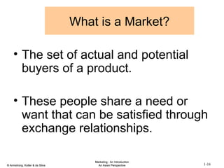 What is a Market? The set of actual and potential buyers of a product. These people share a need or want that can be satisfied through exchange relationships. 