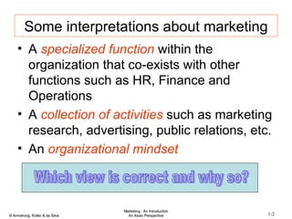 Some interpretations about marketing A  specialized function  within the organization that co-exists with other functions such as HR, Finance and Operations A  collection of activities  such as marketing research, advertising, public relations, etc. An  organizational mindset Which view is correct and why so? 