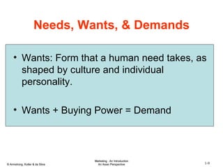 Wants: Form that a human need takes, as shaped by culture and individual personality. Wants + Buying Power = Demand Needs, Wants, & Demands 