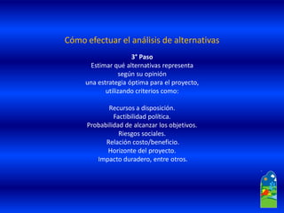 3° Paso
Estimar qué alternativas representa
según su opinión
una estrategia óptima para el proyecto,
utilizando criterios como:
Recursos a disposición.
Factibilidad política.
Probabilidad de alcanzar los objetivos.
Riesgos sociales.
Relación costo/beneficio.
Horizonte del proyecto.
Impacto duradero, entre otros.
Cómo efectuar el análisis de alternativas
 