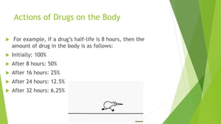 Actions of Drugs on the Body
 For example, if a drug’s half-life is 8 hours, then the
amount of drug in the body is as follows:
 Initially: 100%
 After 8 hours: 50%
 After 16 hours: 25%
 After 24 hours: 12.5%
 After 32 hours: 6.25%
 
