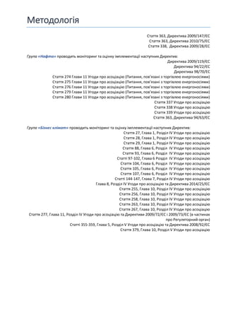 Методологія
Стаття 363, Директива 2009/147/ЄС
Стаття 363, Директива 2010/75/ЄС
Стаття 338, Директива 2009/28/ЄС
Група «Нафта» проводить моніторинг та оцінку імплементації наступних Директив:
Директива 2009/119/ЄС
Директива 94/22/ЄС
Директива 98/70/ЕС
Стаття 274 Глави 11 Угоди про асоціацію (Питання, пов’язані з торгівлею енергоносіями)
Стаття 275 Глави 11 Угоди про асоціацію (Питання, пов’язані з торгівлею енергоносіями)
Стаття 276 Глави 11 Угоди про асоціацію (Питання, пов’язані з торгівлею енергоносіями)
Стаття 279 Глави 11 Угоди про асоціацію (Питання, пов’язані з торгівлею енергоносіями)
Стаття 280 Глави 11 Угоди про асоціацію (Питання, пов’язані з торгівлею енергоносіями)
Стаття 337 Угоди про асоціацію
Стаття 338 Угоди про асоціацію
Стаття 339 Угоди про асоціацію
Стаття 363, Директива 94/63/ЄС
Група «Бізнес клімат» проводить моніторинг та оцінку імплементації наступних Директив:
Стаття 27, Глава 1, Розділ IV Угоди про асоціацію
Стаття 28, Глава 1, Розділ IV Угоди про асоціацію
Стаття 29, Глава 1, Розділ IV Угоди про асоціацію
Стаття 88, Глава 6, Розділ IV Угоди про асоціацію
Стаття 93, Глава 6, Розділ IV Угоди про асоціацію
Статті 97-102, Глава 6 Розділ IV Угоди про асоціацію
Стаття 104, Глава 6, Розділ IV Угоди про асоціацію
Стаття 105, Глава 6, Розділ IV Угоди про асоціацію
Стаття 107, Глава 6, Розділ IV Угоди про асоціацію
Статті 144-147, Глава 7, Розділ IV Угоди про асоціацію
Глава 8, Розділ IV Угоди про асоціацію та Директива 2014/25/ЄС
Стаття 255, Глава 10, Розділ IV Угоди про асоціацію
Стаття 256, Глава 10, Розділ IV Угоди про асоціацію
Стаття 258, Глава 10, Розділ IV Угоди про асоціацію
Стаття 263, Глава 10, Розділ IV Угоди про асоціацію
Стаття 267, Глава 10, Розділ IV Угоди про асоціацію
Стаття 277, Глава 11, Розділ IV Угоди про асоціацію та Директиви 2009/72/ЄС і 2009/73/ЄС (в частинах
про Регуляторний орган)
Статті 355-359, Глава 5, Розділ V Угоди про асоціацію та Директива 2008/92/ЄС
Стаття 379, Глава 10, Розділ V Угоди про асоціацію
 