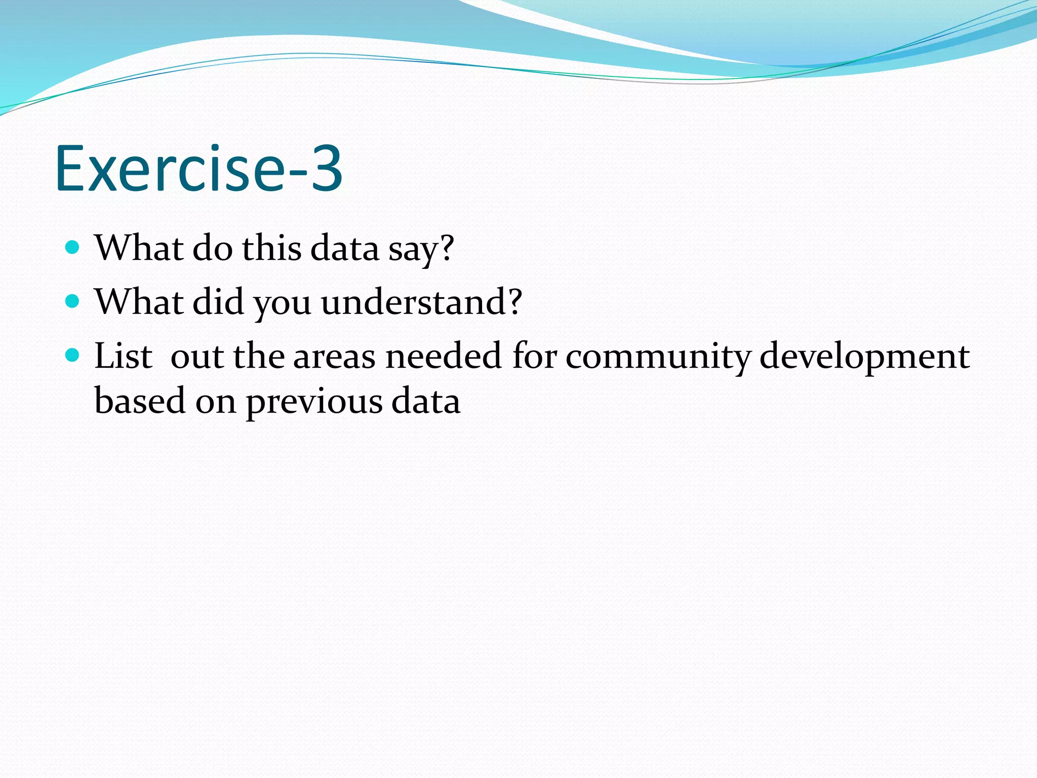 Exercise-3
 What do this data say?
 What did you understand?
 List out the areas needed for community development
based on previous data
 