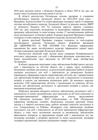 15
2018 році виділено кошти з обласного бюджету в обсязі 3027,4 тис грн, що
надало змогу поліпшити житлові умови 5 сім’ям.
В області реалізується Регіональна цільова програма зі створення
містобудівного кадастру Луганської області на 2016-2018 роки (далі –
Програма). За результатами 2-х етапів процедури тендерних торгів зі створення
системи містобудівного кадастру Луганської області за рахунок коштів ДФРР
та обласного бюджету (10 %) (загальна вартість проекту становить
5367 тис. грн.) закуплено, встановлено та налагоджено серверне обладнання,
програмне забезпечення та комп’ютерна техніка 17 автоматизованих робочих
місць регіонального та базового рівнів. В рамках реалізації Програми створено
геопортал та web-сторінку містобудівного кадастру Луганської області.
В рамках реалізації Програми створено геопортал та web-сторінку
містобудівного кадастру Луганської області, розроблені фахівцями
ДП «ДІПРОМІСТО» та ТОВ «ЕСОММ Cо». Виконано інформаційне
наповнення баз даних містобудівного кадастру інформацією першої черги
«Схеми планування територій Луганської області».
Реалізується обласний план заходів щодо створення безперешкодного
життєвого середовища для осіб з обмеженими фізичними можливостями та
інших маломобільних груп населення на 2017-2021 роки «Безбар’єрна
Луганщина».
В області проведено моніторинг стану забезпечення безбар’єрного доступу
осіб з інвалідністю до об’єктів області, які у першу чергу потребують
обладнання засобами доступності, за результатами проведеної роботи складені
паспорти доступності для осіб з інвалідністю до громадських будівель
(приміщень), сформовано перелік першочергових об’єктів, які є пріоритетними
для забезпечення безбар’єрного доступу для осіб з інвалідністю та визначено
потребу в коштах для виконання відповідних робіт. До вказаного переліку
включено 1258 першочергових об’єктів з визначенням по кожному об’єкту
заходів для забезпечення доступності та орієнтовної потреби в коштах для
виконання відповідних робіт.
Відбулося засідання обласного комітету забезпечення доступності осіб з
інвалідністю та інших маломобільних груп населення до об’єктів соціальної та
інженерно-транспортної інфраструктури за участю представників
РФ «Донецька залізниця» ПАТ «Укрзалізниця» та ТОВ «Регіональне
управління автобусних станцій». Підводились підсумки реалізації Плану
заходів у І півріччі поточного року, роботи місцевих комітетів доступності в
м.м. Сєвєродонецьк та Рубіжне, обговорено стан забезпечення засобами
доступності для осіб з інвалідністю до об’єктів транспортної інфраструктури
області, у тому числі залізничних вокзалів та автовокзалів, забезпечення
ефективного контролю за врахуванням потреб осіб з інвалідністю під час
укладання договорів із розробки проектної та іншої документації, договорів
тендерної документації, закупівлі відповідних товарів і послуг.
 