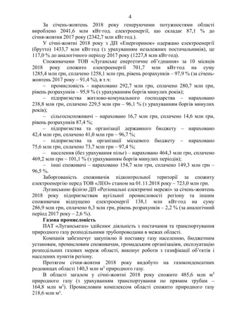 4
За січень-жовтень 2018 року генеруючими потужностями області
вироблено 2041,6 млн кВт∙год. електроенергії, що складає 87,1 % до
січня-жовтня 2017 року (2342,7 млн кВт∙год.).
У січні-жовтні 2018 року з ДП «Енергоринок» одержано електроенергії
(брутто) 1433,7 млн кВт∙год (з урахуванням незалежних постачальників), це
117,0 % до аналогічного періоду 2017 року (1227,8 млн кВт∙год).
Споживачами ТОВ «Луганське енергетичне об’єднання» за 10 місяців
2018 року спожито електроенергії 701,7 млн кВт∙год на суму
1285,4 млн грн, сплачено 1258,1 млн грн, рівень розрахунків – 97,9 % (за січень-
жовтень 2017 року – 91,4 %), в т.ч:
– промисловість – нараховано 292,7 млн грн, сплачено 280,7 млн грн,
рівень розрахунків – 95,9 % (з урахуванням боргів минулих років);
– підприємства житлово-комунального господарства – нараховано
238,8 млн грн, сплачено 229,5 млн грн – 96,1 % (з урахуванням боргів минулих
років);
– сільгоспспоживачі – нараховано 16,7 млн грн, сплачено 14,6 млн грн,
рівень розрахунків 87,4 %;
– підприємства та організації державного бюджету – нараховано
42,4 млн грн, сплачено 41,0 млн грн – 96,7 %;
– підприємства та організації місцевого бюджету – нараховано
75,6 млн грн, сплачено 73,7 млн грн – 97,4 %;
– населення (без урахування пільг) – нараховано 464,3 млн грн, сплачено
469,2 млн грн – 101,1 % (з урахуванням боргів минулих періодів);
– інші споживачі – нараховано 154,7 млн грн, сплачено 149,3 млн грн –
96,5 %.
Заборгованість споживачів підконтрольної території за спожиту
електроенергію перед ТОВ «ЛЕО» станом на 01.11.2018 року – 723,0 млн грн.
Луганською філією ДП «Регіональні електричні мережі» за січень-жовтень
2018 року підприємствам вугільної промисловості регіону та іншим
споживачам відпущено електроенергії 138,1 млн кВт∙год на суму
286,9 млн грн, сплачено 6,3 млн грн, рівень розрахунків – 2,2 % (за аналогічний
період 2017 року – 2,6 %).
Газова промисловість
ПАТ «Луганськгаз» здійснює діяльність з постачання та транспортування
природного газу розподільними трубопроводами в межах області.
Компанія забезпечує закупівлю й поставку газу населенню, бюджетним
установам, промисловим споживачам, громадським організаціям, експлуатацію
розподільних газових мереж області, виконує роботи з газифікації об’єктів і
населених пунктів регіону.
Протягом січня-жовтня 2018 року видобуто на газоконденсатних
родовищах області 140,3 млн м3
природного газу.
В області загалом у січні-жовтні 2018 року спожито 485,6 млн м3
природного газу (з урахуванням транспортування по прямим трубам –
164,8 млн м3
). Промисловим комплексом області спожито природного газу
218,6 млн м³.
 