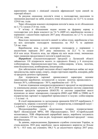 9
карантинних заходів з ліквідації спалахів африканської чуми свиней на
території області.
За рахунок оновлення поголів’я птиці в господарствах населення та
зменшення реалізації на забій, кількість птиці збільшилась на 12,5 % та склала
1254,8 тис. голів.
Через збільшення власного відтворення поголів’я овець та кіз збільшилося
на 1,1 % і склало 27,4 тис. голів.
У зв’язку зі збільшенням надою молока на фуражну корову в
господарствах усіх форм власності на 7,6 % (4409 кг), виробництво молока у
порівнянні з аналогічним періодом 2017 року збільшилось на 1,3 % та склало
112,0 тис. тонн.
Внаслідок зменшення поголів’я свиней та забою птиці, виробництво м’яса
по всіх категоріях господарств зменшилось на 39,5 % та дорівнює
7,8 тис. тонн.
Виробництво яєць у всіх категоріях господарств у порівнянні з
аналогічним періодом 2017 року зменшилось на 22,1 % та склало
63,4 млн штук. Кількість яєць, що зібрана від всіх видів птиці, зменшилась
через зниження продуктивності поголів’я курей-несучок.
Переробкою сільськогосподарської продукції у Луганській області
займаються 118 підприємств малого та середнього бізнесу у 8 підгалузях:
хлібопекарська, борошномельно-круп’яна, олійно-жирова, м’ясна, молочна,
пиво-безалкогольна, комбікормова, кондитерська.
Для забезпечення потреб населення області виробляються майже всі види
продовольства, окрім цукру, спирту, лікеро-горілчаних виробів, консервів, риби
та продуктів дитячого харчування.
Для підприємств харчової промисловості характерне неповне
завантаження виробничих потужностей в галузях: молочна промисловість –
близько 30 %, хлібопекарська – 50 %, виробництво олії – 35 %.
З метою підвищення конкурентоспроможності продукції на внутрішньому
та зовнішньому ринках станом на 29.11.2018 впроваджено систему управління
безпекою продуктів харчування (НАССР) та системи управління якості
відповідно до вимог міжнародних стандартів (ISSO серії 9000 та 22000) на 9
підприємствах харчової та переробної промисловості в галузях: олійно-жирова
– 3 та інші – 6.
В стадії впровадження та застосування принципів НАССР перебувають 5
підприємств, зокрема: в молочній галузі – 2 підприємства, в пивоварній галузі –
1, в рибній – 1, в м’ясопереробній – 1.
Молокопереробна галузь представлена чотирма підприємствами:
ПрАТ «Біловодський МРЗ», ПП «Продгрупсервіс», ПАТ «Старобільський
молокозавод», ТОВ «Марківський сироробний завод», виробнича потужність
яких становить 135 тис. тонн на рік. Асортимент виробленої продукції − понад
90 найменувань.
За даними, оприлюдненими Державною службою статистики України, за
січень-жовтень 2018 року вироблено: масла вершкового жирністю не більше
85 % – 813 тонн, що становить 106,1 % до аналогічного періоду 2017 року;
 