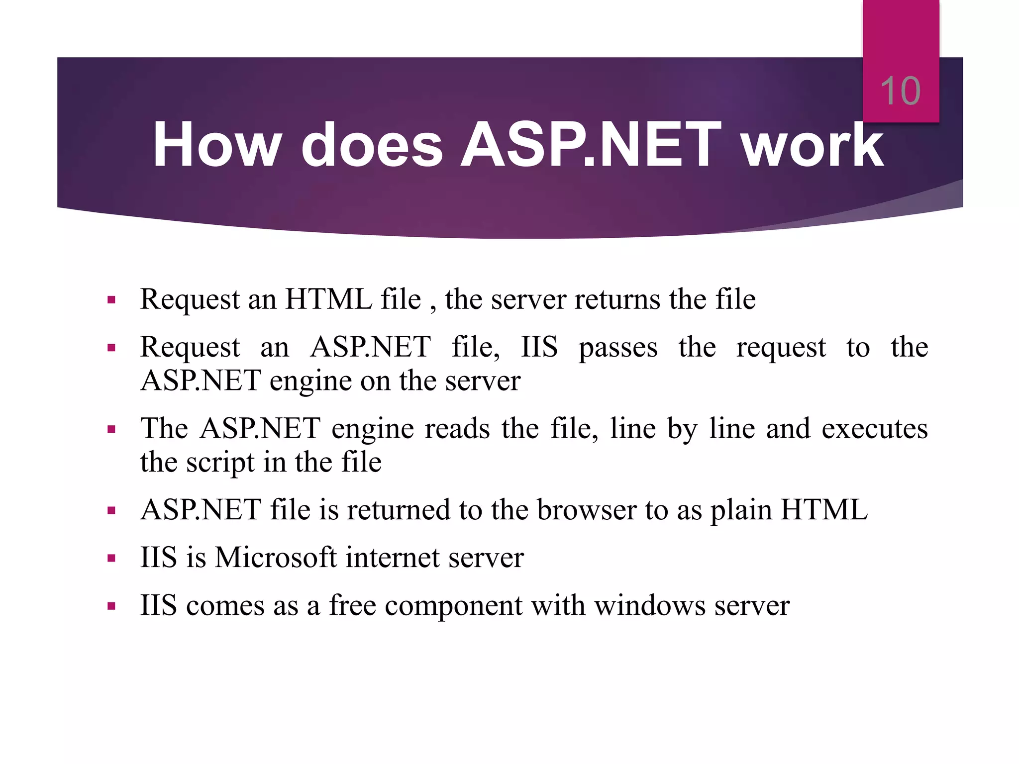 How does ASP.NET work
 Request an HTML file , the server returns the file
 Request an ASP.NET file, IIS passes the request to the
ASP.NET engine on the server
 The ASP.NET engine reads the file, line by line and executes
the script in the file
 ASP.NET file is returned to the browser to as plain HTML
 IIS is Microsoft internet server
 IIS comes as a free component with windows server
10
 