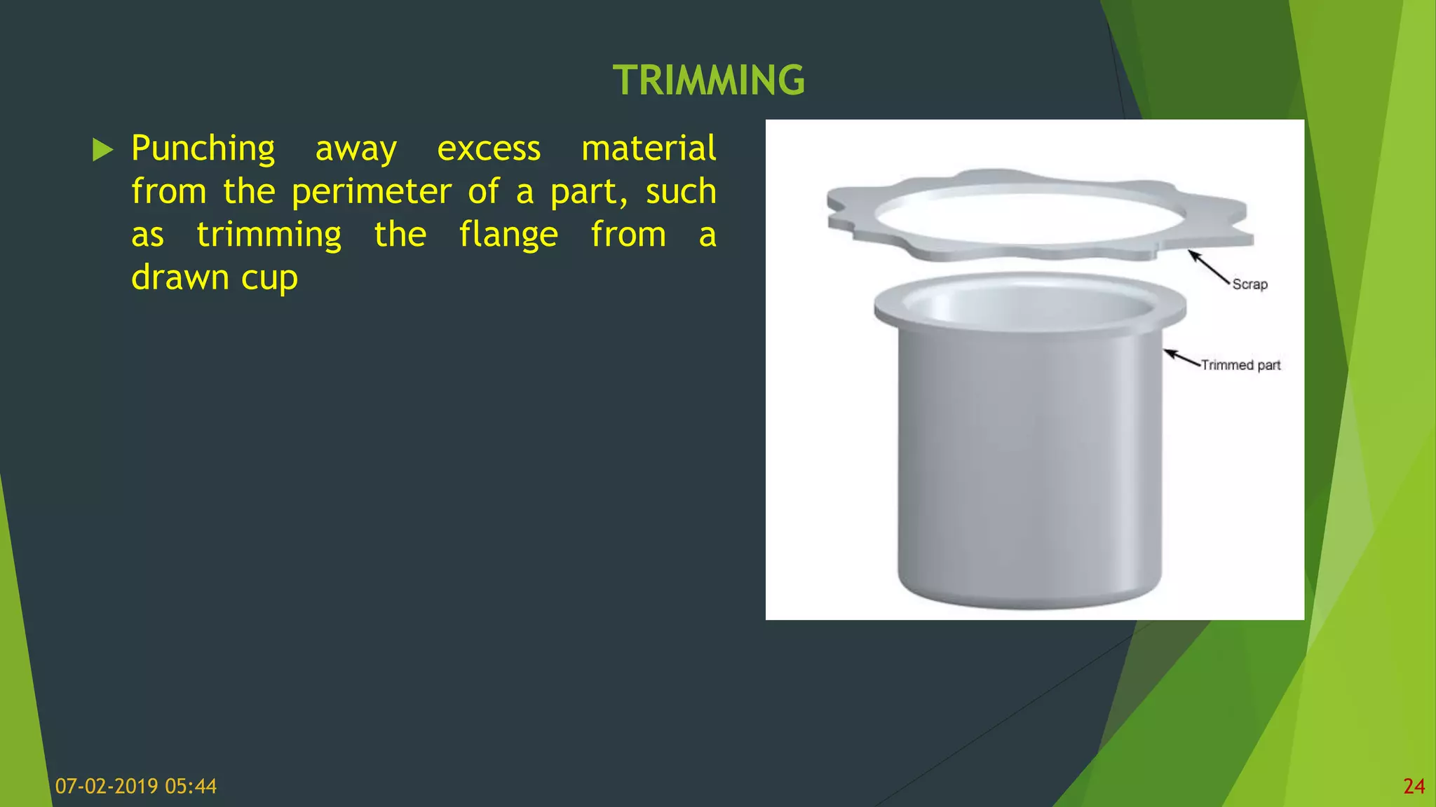 TRIMMING
07-02-2019 05:44 24
 Punching away excess material
from the perimeter of a part, such
as trimming the flange from a
drawn cup
 