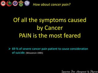 Of all the symptoms caused
by Cancer
PAIN is the most feared
 69 % of severe cancer pain patient to cause consideration
of suicide. (Wisconsin 1985)
(Wisconsin 1985)
How about cancer pain?
 