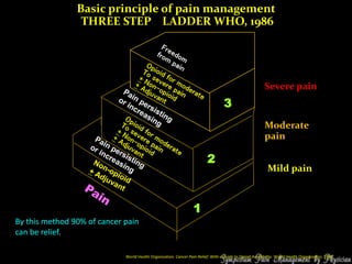 Basic principle of pain management
THREE STEP LADDER WHO, 1986
1
2
3
Severe pain
Moderate
pain
Mild pain
World Health Organization. Cancer Pain Relief: With a Guide to Opioid Availability. World Health Organization; 1986.
By this method 90% of cancer pain
can be relief.
 