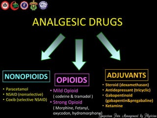 ANALGESIC DRUGS
NONOPIOIDS OPIOIDS
ADJUVANTS
• Mild Opioid
( codeine & tramadol )
• Strong Opioid
( Morphine, Fetanyl,
oxycodon, hydromorphone)
• Paracetamol
• NSAID (nonselective)
• Coxib (selective NSAID)
• Steroid (dexamethason)
• Antidepressant (tricyclic)
• Gabapentinoid
(gabapentin&pregabaline)
• Ketamine
 