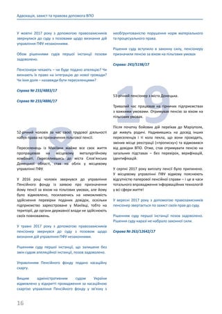 16
Адвокація, захист та правова допомога ВПО
У жовтні 2017 року з допомогою правозахисників
звернулися до суду з позовами щодо визнання дій
управління ПФУ незаконними.
Обом рішеннями судів першої інстанції позови
задоволено.
Пенсіонери чекають – чи буде подано апеляцію? Чи
визнають їх право на інтеграцію до нової громади?
Чи їхня доля – назавжди бути переселенцями?
Справа № 233/4883/17
Справа № 233/4886/17
18
52-річний чоловік за час своєї трудової діяльності
набув права на призначення пільгової пенсії.
Переселенець із Макіївки майже все своє життя
пропрацював на місцевому металургійному
комбінаті. Переселившись до міста Слов’янська
Донецької області, став на облік у місцевому
управлінні ПФУ.
У 2016 році чоловік звернувся до управління
Пенсійного фонду із заявою про призначення
йому пенсії за віком на пільгових умовах, але йому
було відмовлено, посилаючись на неможливість
здійснення перевірки поданих довідок, оскільки
підприємство зареєстроване у Макіївці, тобто на
території, де органи державної влади не здійснюють
своїх повноважень.
У травні 2017 року з допомогою правозахисників
пенсіонер звернувся до суду з позовом щодо
визнання дій управління ПФУ незаконними.
Рішенням суду першої інстанції, що залишене без
змін судом апеляційної інстанції, позов задоволено.
Управлінням Пенсійного фонду подано касаційну
скаргу.
Вищим адміністративним судом України
відмовлено у відкритті провадження за касаційною
скаргою управління Пенсійного фонду у зв’язку з
необґрунтованістю порушення норм матеріального
та процесуального права.
Рішення суду вступило в законну силу, пенсіонеру
призначили пенсію за віком на пільгових умовах
Справа: 243/5198/17
1953-річний пенсіонер з міста Донецька.
Тривалий час працював на гірничих підприємствах
з важкими умовами. Отримував пенсію за віком на
пільгових умовах.
Після початку бойових дій переїхав до Маріуполя,
де живуть родичі. Надивившись на досвід інших
переселенців і ті кола пекла, що вони проходять,
змінив місце реєстрації («прописку») та відмовився
від довідки ВПО. Отже, став отримувати пенсію на
загальних підставах – без перевірок, верифікацій,
ідентифікацій.
У серпні 2017 року виплату пенсії було припинено.
У місцевому управлінні ПФУ відмову пояснюють
відсутністю паперової пенсійної справи – і це в часи
тотального впровадження інформаційних технологій
у всі сфери життя!
У вересні 2017 року з допомогою правозахисників
пенсіонер звертається по захист своїх прав до суду.
Рішенням суду першої інстанції позов задоволено.
Рішення суду наразі не набрало законної сили.
Справа № 263/12642/17
 