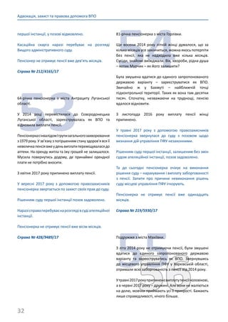 32
Адвокація, захист та правова допомога ВПО
першої інстанції, у позові відмовлено.
Касаційна скарга наразі перебуває на розгляді
Вищого адміністративного суду.
Пенсіонер не отримує пенсії вже дев’ять місяців.
Справа № 212/4165/17
53
64-річна пенсіонерка з міста Антрациту Луганської
області.
У 2014 році перемістилася до Сєвєродонецька
Луганської області, зареєструвалась як ВПО та
відновила виплати пенсії.
ПенсіонеркаєінвалідомІгрупизагальногозахворювання
з 1979 року. У зв’язку з погіршенням стану здоров’я вся її
невеличкапенсіявжеуденьвиплатипереміщуваласядо
аптеки. На оренду житла та їжу грошей не залишалося.
Мусила повернутись додому, де принаймні орендної
плати не потрібно вносити.
З квітня 2017 року припинено виплату пенсії.
У вересні 2017 року з допомогою правозахисників
пенсіонерка звертається по захист своїх прав до суду.
Рішенням суду першої інстанції позов задоволено.
Наразісправаперебуваєнарозглядівсудіапеляційної
інстанції.
Пенсіонерка не отримує пенсії вже вісім місяців.
Справа № 428/9489/17
54
81-річна пенсіонерка з міста Горлівки.
Ще восени 2014 року літній жінці думалося, що за
кілька місяців усе закінчиться, можна якось потерпіти
без пенсії, яка не надходила вже кілька місяців.
Сусіди, знайомі виїжджали. Вік, хвороби, рідна душа
– котик Мурчик – як його залишити?
Була змушена вдатися до єдиного запропонованого
державою варіанту – зареєструватися як ВПО.
Звичайно ж у Бахмуті – найближчій точці
підконтрольної території. Таких як вона там десятки
тисяч. Спочатку, незважаючи на труднощі, пенсію
вдалося відновити.
З листопада 2016 року виплату пенсії жінці
припинено.
У травні 2017 року з допомогою правозахисників
пенсіонерка звернулася до суду з позовом щодо
визнання дій управління ПФУ незаконними.
Рішенням суду першої інстанції, залишеним без змін
судом апеляційної інстанції, позов задоволено.
Та до сьогодні пенсіонерка очікує на виконання
рішення суду – нарахування і виплату заборгованості
з пенсії. Запити про причини невиконання рішень
суду місцеві управління ПФУ ігнорують.
Пенсіонерка не отримує пенсії вже одинадцять
місяців.
Справа № 219/5930/17
5556
Подружжя з міста Макіївки.
З літа 2014 року не отримуючи пенсії, були змушені
вдатися до єдиного запропонованого державою
варіанту та зареєструватись як ВПО. Звернувшись
до місцевого управління ПФУ у Харківській області,
отримали всю заборгованість з пенсії від 2014 року.
Утравні2017рокуприпиненовиплатупенсіїчоловікові,
а в червні 2017 року – дружині. Але вони не жаліються
на долю, мовчки приймають усі її прикрості. Бажають
лише справедливості, нічого більше.
 