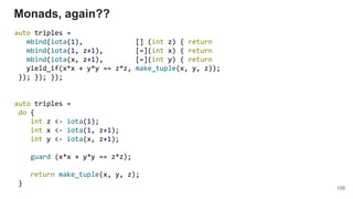 109
Monads, again??
auto triples =
mbind(iota(1), [] (int z) { return
mbind(iota(1, z+1), [=](int x) { return
mbind(iota(x, z+1), [=](int y) { return
yield_if(x*x + y*y == z*z, make_tuple(x, y, z));
}); }); });
auto triples =
do {
int z <- iota(1);
int x <- iota(1, z+1);
int y <- iota(x, z+1);
guard (x*x + y*y == z*z);
return make_tuple(x, y, z);
}
 