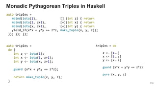110
auto triples =
mbind(iota(1), [] (int z) { return
mbind(iota(1, z+1), [=](int x) { return
mbind(iota(x, z+1), [=](int y) { return
yield_if(x*x + y*y == z*z, make_tuple(x, y, z));
}); }); });
auto triples =
do {
int z <- iota(1);
int x <- iota(1, z+1);
int y <- iota(x, z+1);
guard (x*x + y*y == z*z);
return make_tuple(x, y, z);
}
Monadic Pythagorean Triples in Haskell
triples = do
z <- [1..]
x <- [1..z]
y <- [x..z]
guard (x*x + y*y == z*z)
pure (x, y, z)
 