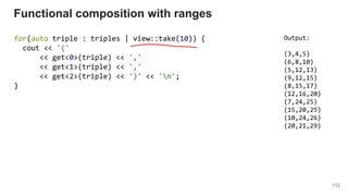 112
for(auto triple : triples | view::take(10)) {
cout << '('
<< get<0>(triple) << ','
<< get<1>(triple) << ','
<< get<2>(triple) << ')' << 'n';
}
Functional composition with ranges
Output:
(3,4,5)
(6,8,10)
(5,12,13)
(9,12,15)
(8,15,17)
(12,16,20)
(7,24,25)
(15,20,25)
(10,24,26)
(20,21,29)
 