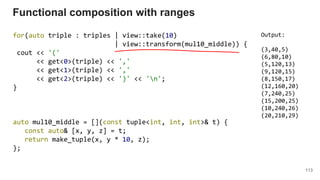 113
for(auto triple : triples | view::take(10)
| view::transform(mul10_middle)) {
cout << '('
<< get<0>(triple) << ','
<< get<1>(triple) << ','
<< get<2>(triple) << ')' << 'n';
}
auto mul10_middle = [](const tuple<int, int, int>& t) {
const auto& [x, y, z] = t;
return make_tuple(x, y * 10, z);
};
Functional composition with ranges
Output:
(3,40,5)
(6,80,10)
(5,120,13)
(9,120,15)
(8,150,17)
(12,160,20)
(7,240,25)
(15,200,25)
(10,240,26)
(20,210,29)
 