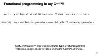 Verbosity of imperative and OO code
Unsafety, bugs and lack or guarantees
FP data types and constructs
Reliable FP concepts, guarantees
purity, immutability, side effects control, type level programming
recursion, range-based iteration, monoids, functors, monads...
Functional programming in my C++?!!
27
 