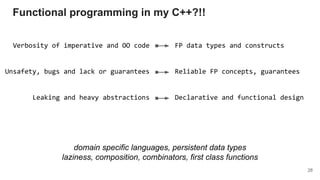 Verbosity of imperative and OO code
Unsafety, bugs and lack or guarantees
Leaking and heavy abstractions
FP data types and constructs
Reliable FP concepts, guarantees
Declarative and functional design
domain specific languages, persistent data types
laziness, composition, combinators, first class functions
Functional programming in my C++?!!
28
 