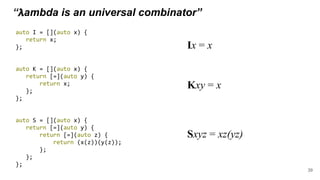 “ 𝝺ambda is an universal combinator”
auto I = [](auto x) {
return x;
};
auto K = [](auto x) {
return [=](auto y) {
return x;
};
};
auto S = [](auto x) {
return [=](auto y) {
return [=](auto z) {
return (x(z))(y(z));
};
};
};
Ix = x
Kxy = x
Sxyz = xz(yz)
39
 