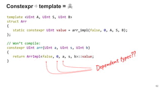 Constexpr ⇨ template = ☠
template <UInt A, UInt S, UInt B>
struct Arr
{
static constexpr UInt value = arr_impl(false, 0, A, S, B);
};
// Won’t compile:
constexpr UInt arr(UInt a, UInt s, UInt b)
{
return ArrImpl<false, 0, a, s, b>::value;
}
62
Dep
n y e ??
 