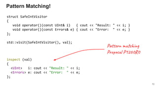 Pattern Matching!
struct SafeIntVisitor
{
void operator()(const UInt& i) { cout << "Result: " << i; }
void operator()(const Errors& e) { cout << "Error: " << e; }
};
std::visit(SafeIntVisitor(), val);
inspect (val)
{
<UInt> i: cout << "Result: " << i;
<Errors> e: cout << "Error: " << e;
};
72
Pat n c i g
Pro l P1260R0
 