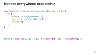 expected<int, Errors> safe_calculate(int a, int b) {
do {
UInt v <- safe_tower(a, b);
int r <- safe_divide(v, b);
return r;
}
}
Monads everywhere: expected<>
94
mbind :: expected<A, E> -> (A -> expected<B, E>) -> expected<B, E>
 