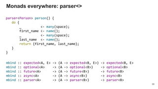 parser<Person> person() {
do {
_ <- many(space);
first_name <- name();
_ <- many(space);
last_name <- name();
return {first_name, last_name};
}
}
Monads everywhere: parser<>
98
mbind :: expected<A, E> -> (A -> expected<B, E>) -> expected<B, E>
mbind :: optional<A> -> (A -> optional<B>) -> optional<B>
mbind :: future<A> -> (A -> future<B>) -> future<B>
mbind :: async<A> -> (A -> async<B>) -> async<B>
mbind :: parser<A> -> (A -> parser<B>) -> parser<B>
 