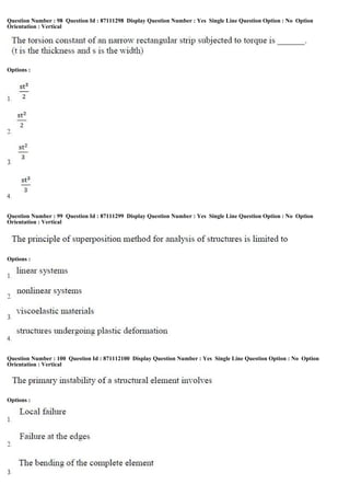 Question Number : 98 Question Id : 87111298 Display Question Number : Yes Single Line Question Option : No Option
Orientation : Vertical
Options :
Question Number : 99 Question Id : 87111299 Display Question Number : Yes Single Line Question Option : No Option
Orientation : Vertical
Options :
Question Number : 100 Question Id : 871112100 Display Question Number : Yes Single Line Question Option : No Option
Orientation : Vertical
Options :
 