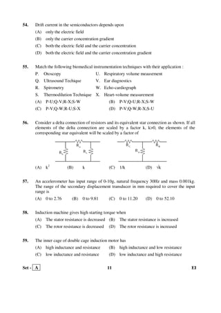 Set - A 11 EI
54. Drift current in the semiconductors depends upon
(A) only the electric field
(B) only the carrier concentration gradient
(C) both the electric field and the carrier concentration
(D) both the electric field and the carrier concentration gradient
55. Match the following biomedical instrumentation techniques with their application :
P. Otoscopy U. Respiratory volume meausrment
Q. Ultrasound Techique V. Ear diagnostics
R. Spirometry W. Echo-cardiograph
S. Thermodilution Technique X. Heart-volume measurement
(A) P-U;Q-V;R-X;S-W (B) P-V;Q-U;R-X;S-W
(C) P-V;Q-W;R-U;S-X (D) P-V;Q-W;R-X;S-U
56. Consider a delta connection of resistors and its equivalent star connection as shown. If all
elements of the delta connection are scaled by a factor k, k>0, the elements of the
corresponding star equivalent will be scaled by a factor of
(A) k2
(B) k (C) 1/k (D) √k
57. An accelerometer has input range of 0-10g, natural frequency 30Hz and mass 0.001kg.
The range of the secondary displacement transducer in mm required to cover the input
range is
(A) 0 to 2.76 (B) 0 to 9.81 (C) 0 to 11.20 (D) 0 to 52.10
58. Induction machine gives high starting torque when
(A) The stator resistance is decreased (B) The stator resistance is increased
(C) The rotor resistance is decreased (D) The rotor resistance is increased
59. The inner cage of double cage induction motor has
(A) high inductance and resistance (B) high inductance and low resistance
(C) low inductance and resistance (D) low inductance and high resistance
 