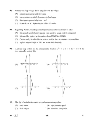Set - A 18 EI
92. When a unit step voltage drives a lag network the output
(A) remains constant at unit step value
(B) increases exponentially from zero to final value
(C) decreases exponentially from 1 to 0
(D) either (B) or (C) depending on values of r and c
93. Regarding Ward-Leonard system of speed control which statement is false?
(A) It is usually used where wide and very sensitive speed control is required
(B) It is used for motors having ratings from 750kW to 4000kW
(C) Capital outlay involved in the system is right since it uses two extra machines
(D) It gives a speed range of 10:1 but in one direction only
94. A closed-loop system has the characteristic function (s2
− 4) (s + 1) + K(s − 1) = 0. Its
root locus plot against K is
(A) (B)
(C) (D)
95. The slip of an induction motor normally does not depend on
(A) rotor speed (B) synchronous speed
(C) shaft torque (D) core-loss component
 
