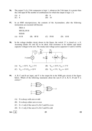 Set - A 19 EI
96. The output Y of a 2-bit comparator is logic 1, whenever the 2-bit input A is greater than
the 2-bit input B The number of combinations for which the output is logic 1, is
(A) 4 (B) 6
(C) 8 (D) 10
97. In an 8085 microprocessor, the contents of the Accumulator, after the following
instructions are executed will become
XRA A
MVI B, F0 H
SUB B
(A) 01 H (B) 0F H (C) F0 H (D) 10 H
98. In the voltage doubler circuit shown in the figure, the switch ‘S’ is closed at t = 0.
Assuming diodes D1 and D2 to be ideal, load resistance to be infinite and initial
capacitor voltages to be zero. The steady state voltage across capacitor C1 and C2 will be
(A) VC1 = 10 V, VC2 = 5 V (B) VC1 = 10 V, VC2 =− 5 V
(C) VC1 = 5 V,VC2 = 10 V (D) VC1 = 5 V, VC2 =− 10 V
99. A, B, C and D are input, and Y is the output bit in the XOR gate circuit of the figure
below. Which of the following statements about the sum S of A, B, C, D and Y is
correct ?
(A) S is always with zero or odd
(B) S is always either zero or even
(C) S = 1 only if the sum of A, B, C and D is even
(D) S = 1 only if the sum of A, B, C and D is odd
t = 0
VC1
S
5 sin tω D1
C2 VC2 Rlocal
D2
+ _
+
_
 