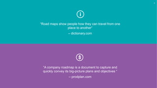“Road maps show people how they can travel from one
place to another“
– dictionary.com
“A company roadmap is a document to capture and
quickly convey its big-picture plans and objectives “
– prodplan.com
4
 