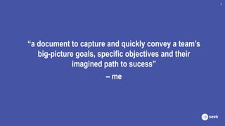 “a document to capture and quickly convey a team’s
big-picture goals, specific objectives and their
imagined path to sucess”
– me
5
 