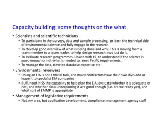Capacity building: some thoughts on the what
• Scientists and scientific technicians
• To participate in the surveys, data and sample processing, to learn the technical side
of environmental science and fully engage in the research
• To develop good overview of what is being done and why. This is moving from a
team member to a team leader, to help design research, not just do it.
• To evaluate research programmes. Linked with #2, to understand if the science is
good enough or not-what is needed to meet Pacific requirements.
• To manage the data, develop database expertise etc
• Environmental reviewers
• Doing an EIA is not a trivial task, and many contractors have their own divisions or
leave it to specialist EIA companies
• BUT, need in SS the capability to help plan the EIA, evaluate whether it is adequate or
not, and whether data underpinning it are good enough (i.e. are we ready yet), and
what sort of EMMP is appropriate
• Management of legislative requirements
• Not my area, but application development, compliance, management agency stuff
 