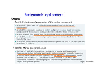 Background: Legal context
• UNCLOS
• Part XII: Protection and preservation of the marine environment
• Part XIII: Marine Scientific Research
Lodge & Verlaan 2018
 