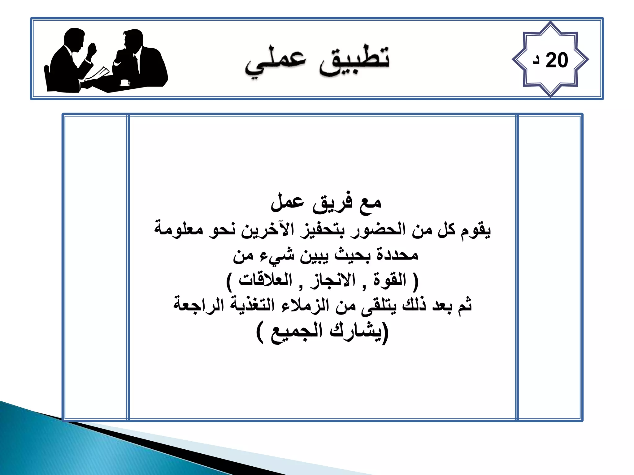 20‫د‬
‫عمل‬ ‫فريق‬ ‫مع‬
‫معلومة‬ ‫نحو‬ ‫اآلخرين‬ ‫بتحفيز‬ ‫الحضور‬ ‫من‬ ‫كل‬ ‫يقوم‬
‫من‬ ‫شيء‬ ‫يبين‬ ‫بحيث‬ ‫محددة‬
(‫القوة‬,‫االنجاز‬,‫العالقات‬)
‫الراجعة‬ ‫التغذية‬ ‫الزمالء‬ ‫من‬ ‫يتلقى‬ ‫ذلك‬ ‫بعد‬ ‫ثم‬
( (‫الجميع‬ ‫يشارك‬
 