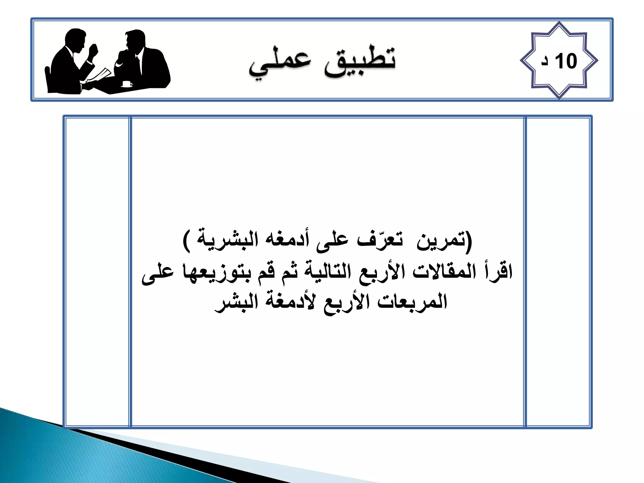 10‫د‬
( (‫البشرية‬ ‫أدمغه‬ ‫على‬ ‫ف‬ّ‫تعر‬ ‫تمرين‬
‫على‬ ‫بتوزيعها‬ ‫قم‬ ‫ثم‬ ‫التالية‬ ‫األربع‬ ‫المقاالت‬ ‫اقرأ‬
‫البشر‬ ‫ألدمغة‬ ‫األربع‬ ‫المربعات‬
 