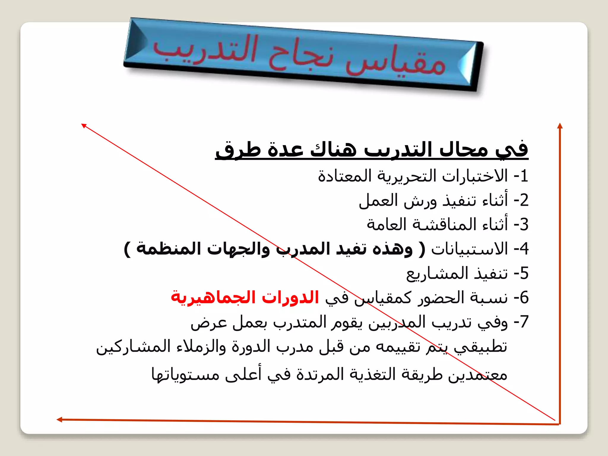 ‫طرق‬ ‫عدة‬ ‫هناك‬ ‫التدريب‬ ‫مجال‬ ‫في‬
1-‫المعتادة‬ ‫التحريرية‬ ‫االختبارات‬
2-‫العمل‬ ‫ورش‬ ‫تنفيذ‬ ‫أثناء‬
3-‫العامة‬ ‫المناقشة‬ ‫أثناء‬
4-‫االستبيانات‬(‫المنظمة‬ ‫والجهات‬ ‫المدرب‬ ‫تفيد‬ ‫وهذه‬)
5-‫المشاريع‬ ‫تنفيذ‬
6-‫في‬ ‫كمقياس‬ ‫الحضور‬ ‫نسبة‬‫الجماهيرية‬ ‫الدورات‬
7-‫عرض‬ ‫بعمل‬ ‫المتدرب‬ ‫يقوم‬ ‫المدربين‬ ‫تدريب‬ ‫وفي‬
‫المشاركي‬ ‫والزمالء‬ ‫الدورة‬ ‫مدرب‬ ‫قبل‬ ‫من‬ ‫تقييمه‬ ‫يتم‬ ‫تطبيقي‬‫ن‬
‫مستوياتها‬ ‫أعلى‬ ‫في‬ ‫المرتدة‬ ‫التغذية‬ ‫طريقة‬ ‫معتمدين‬
 