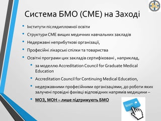 Система БМО (CME) на Заході
• Інститути післядипломної освіти
• Структури СМЕ вищих медичних навчальних закладів
• Недержавні неприбуткові організації,
• Професійні лікарські спілки та товариства
• Освітні програми цих закладів сертифіковані , наприклад,
• за моделлюAccreditation Council for Graduate Medical
Education
• Accreditation Council for Continuing Medical Education,
• недержавними професійними організаціями, до роботи яких
залучені провідні фахівці відповідних напрямів медицини –
• МОЗ, МОН – лише підтримують БМО
 