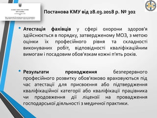 • Атестація фахівців у сфері охорони здоров’я
здійснюється в порядку, затвердженому МОЗ, з метою
оцінки їх професійного рівня та складності
виконуваних робіт, відповідності кваліфікаційним
вимогам і посадовим обов’язкам кожні п’ять років.
• Результати проходження безперервного
професійного розвитку обов’язково враховуються під
час атестації для присвоєння або підтвердження
кваліфікаційної категорії або кваліфікації працівника
чи продовження дії ліцензії на провадження
господарської діяльності з медичної практики.
Постанова КМУ від 28.03.2018 р. № 302
 