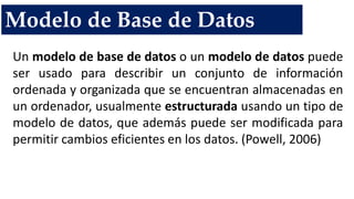 Modelo de Base de Datos
Un modelo de base de datos o un modelo de datos puede
ser usado para describir un conjunto de información
ordenada y organizada que se encuentran almacenadas en
un ordenador, usualmente estructurada usando un tipo de
modelo de datos, que además puede ser modificada para
permitir cambios eficientes en los datos. (Powell, 2006)
 