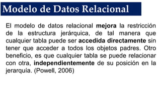 Modelo de Datos Relacional
El modelo de datos relacional mejora la restricción
de la estructura jerárquica, de tal manera que
cualquier tabla puede ser accedida directamente sin
tener que acceder a todos los objetos padres. Otro
beneficio, es que cualquier tabla se puede relacionar
con otra, independientemente de su posición en la
jerarquía. (Powell, 2006)
 