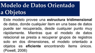 Modelo de Datos Orientado
a Objetos
Este modelo provee una estructura tridimensional
de datos, donde cualquier ítem en una base de datos
puede ser recuperada, desde cualquier punto muy
rápidamente. Mientras que el modelo de datos
relacional se presta a recuperar grupos de registros
solo en dos dimensiones, el modelo orientado a
objetos es eficiente encontrando ítems únicos.
(Powell, 2006)
 