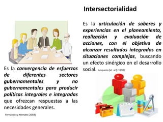 Intersectorialidad
Es la articulación de saberes y
experiencias en el planeamiento,
realización y evaluación de
acciones, ...