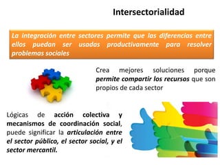 Intersectorialidad
La integración entre sectores permite que las diferencias entre
ellos puedan ser usadas productivamente...